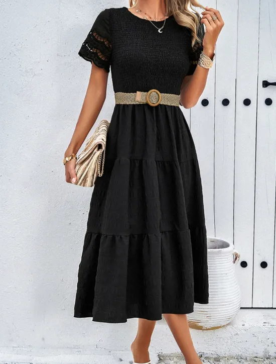 Women's White Dress Midi Dress Mesh Patchwork Date Vacation Streetwear Basic Crew Neck Short Sleeve Black White Brown Color Women White Dresses