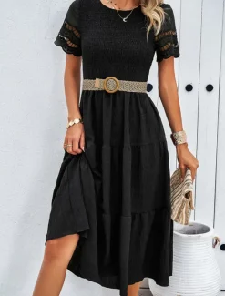 Women's White Dress Midi Dress Mesh Patchwork Date Vacation Streetwear Basic Crew Neck Short Sleeve Black White Brown Color Women White Dresses