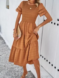 Women's White Dress Midi Dress Mesh Patchwork Date Vacation Streetwear Basic Crew Neck Short Sleeve Black White Brown Color Women White Dresses
