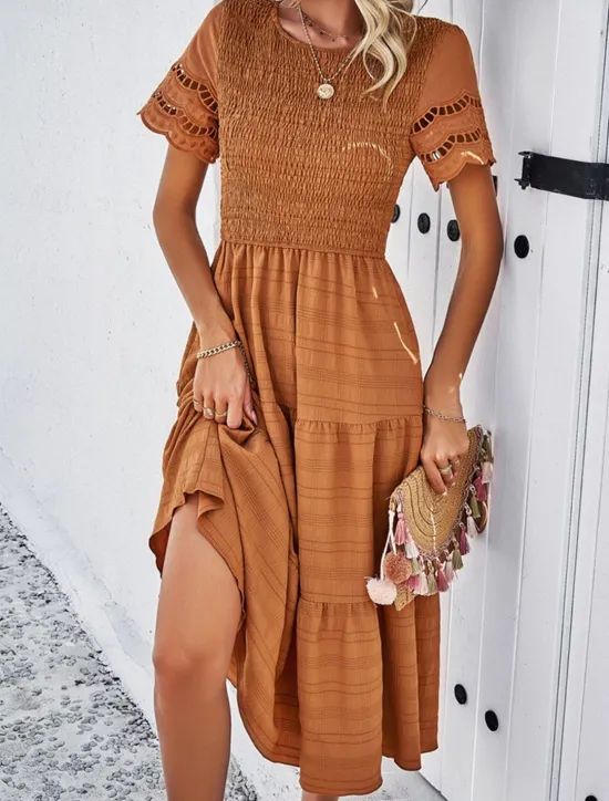 Women's White Dress Midi Dress Mesh Patchwork Date Vacation Streetwear Basic Crew Neck Short Sleeve Black White Brown Color Women White Dresses