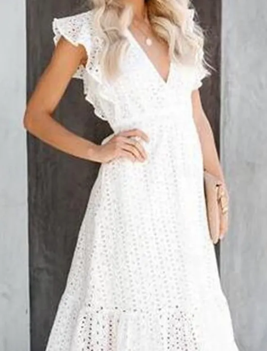 New Women's Dress Midi Dress Cotton Ruffle Trim with Sleeve Vacation Casual A Line V Neck Short Sleeve Color Women White Dresses