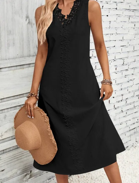 Clearance Women's White Dress Midi Dress Cotton Lace Patchwork Date Vacation Streetwear Basic V Neck Sleeveless Black White Color Women White Dresses