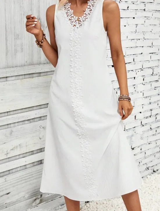Clearance Women's White Dress Midi Dress Cotton Lace Patchwork Date Vacation Streetwear Basic V Neck Sleeveless Black White Color Women White Dresses