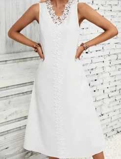 Clearance Women's White Dress Midi Dress Cotton Lace Patchwork Date Vacation Streetwear Basic V Neck Sleeveless Black White Color Women White Dresses