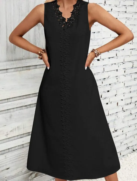 Clearance Women's White Dress Midi Dress Cotton Lace Patchwork Date Vacation Streetwear Basic V Neck Sleeveless Black White Color Women White Dresses