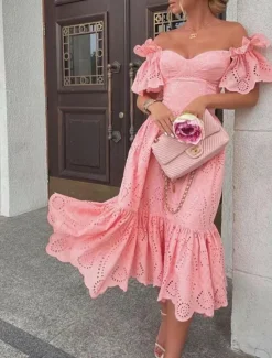 New Women's White Dress Midi Dress Ruffle Date Vacation Streetwear Sexy Off Shoulder Short Sleeve White Pink Color Women White Dresses