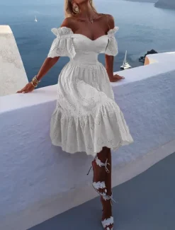 New Women's White Dress Midi Dress Ruffle Date Vacation Streetwear Sexy Off Shoulder Short Sleeve White Pink Color Women White Dresses