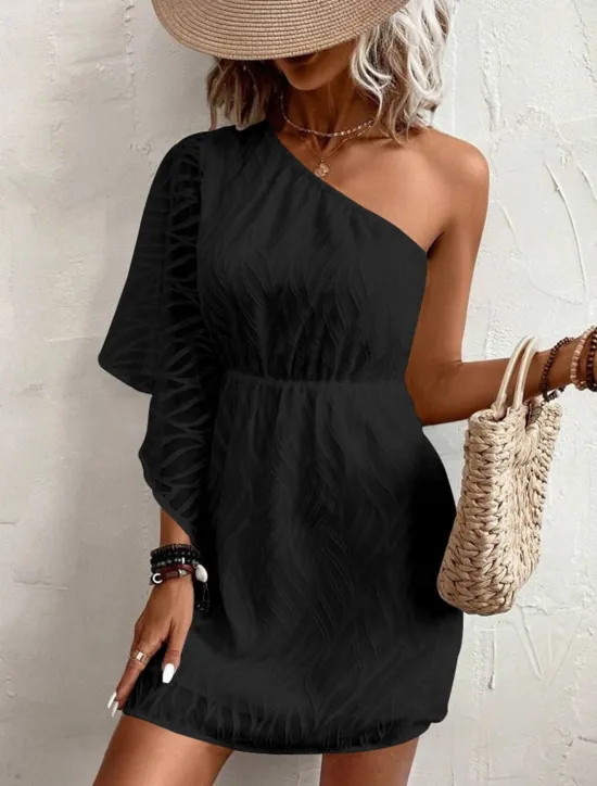 Outlet Women's White Dress Mini Dress Chiffon Lace Patchwork Date Vacation Streetwear Basic One Shoulder 3/4 Length Sleeve Black White Color Women White Dresses