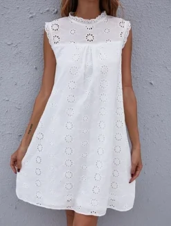 Sale Women's Dress Mini Dress Lace Patchwork Date Vacation Streetwear Stand Collar Sleeveless Color Women White Dresses