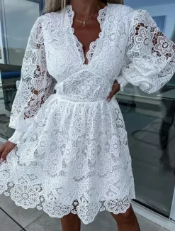 Hot Women's White Dress Mini Dress Lace with Sleeve Date Vacation Elegant A Line V Neck Long Sleeve Black White Fuchsia Color Women White Dresses