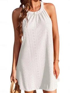 Best Women's White Dress Mini Dress Eyelet Vacation Basic Casual Crew Neck Sleeveless Black White Royal Blue Color Women Sundresses