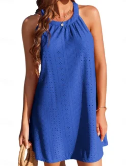 Best Women's White Dress Mini Dress Eyelet Vacation Basic Casual Crew Neck Sleeveless Black White Royal Blue Color Women Sundresses