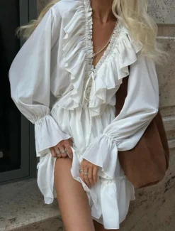 New Women's Dress Mini Dress Ruffle Date Vacation Streetwear Casual V Neck Long Sleeve Color Women White Dresses