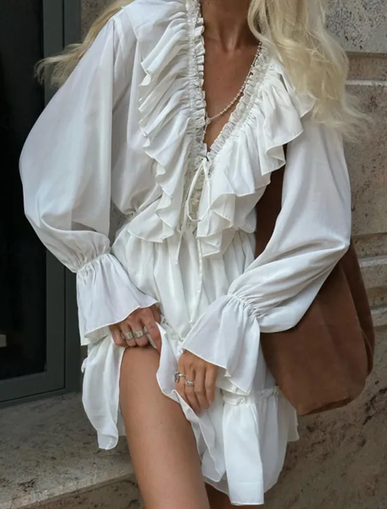 New Women's Dress Mini Dress Ruffle Date Vacation Streetwear Casual V Neck Long Sleeve Color Women White Dresses