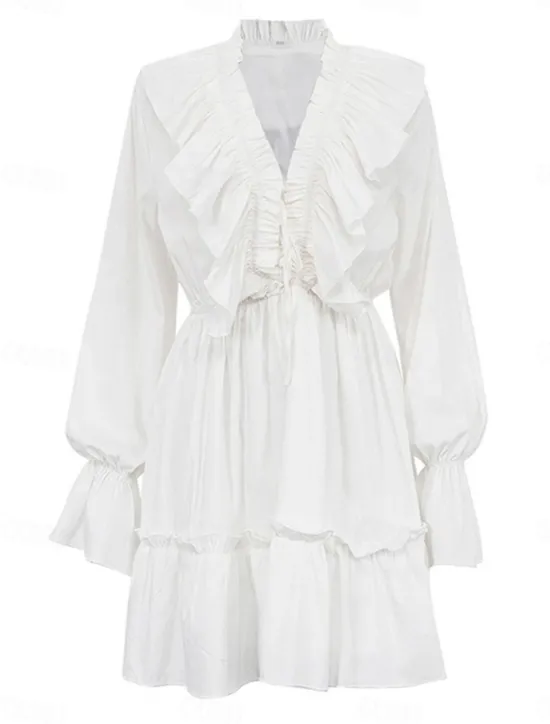 New Women's Dress Mini Dress Ruffle Date Vacation Streetwear Casual V Neck Long Sleeve Color Women White Dresses