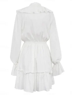 New Women's Dress Mini Dress Ruffle Date Vacation Streetwear Casual V Neck Long Sleeve Color Women White Dresses