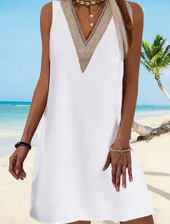 Best Women's White Dress Mini Dress Lace Patchwork Vacation Casual V Neck Sleeveless White Yellow Blue Color Women White Dresses