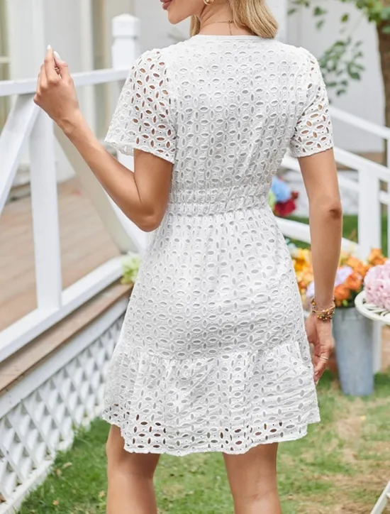 Discount Women's White Dress Mini Dress Lace Eyelet Vacation Casual Split Neck Short Sleeve Black White Yellow Color Women White Dresses