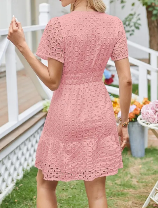 Discount Women's White Dress Mini Dress Lace Eyelet Vacation Casual Split Neck Short Sleeve Black White Yellow Color Women White Dresses