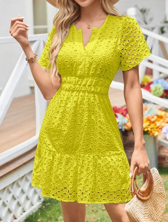 Discount Women's White Dress Mini Dress Lace Eyelet Vacation Casual Split Neck Short Sleeve Black White Yellow Color Women White Dresses