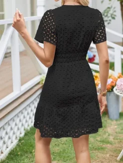 Discount Women's White Dress Mini Dress Lace Eyelet Vacation Casual Split Neck Short Sleeve Black White Yellow Color Women White Dresses