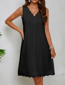 Best Women's White Dress Mini Dress Lace Patchwork Date Vacation Streetwear Basic V Neck Sleeveless Black White Color Women White Dresses
