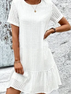 Hot Women's Dress Mini Dress Ruffle Eyelet Date Streetwear Basic Crew Neck Short Sleeve Color Women White Dresses