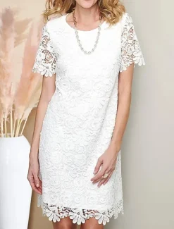 Best Women's Dress Mini Dress Lace with Sleeve Date Vacation Basic Crew Neck Short Sleeve Color Women White Dresses