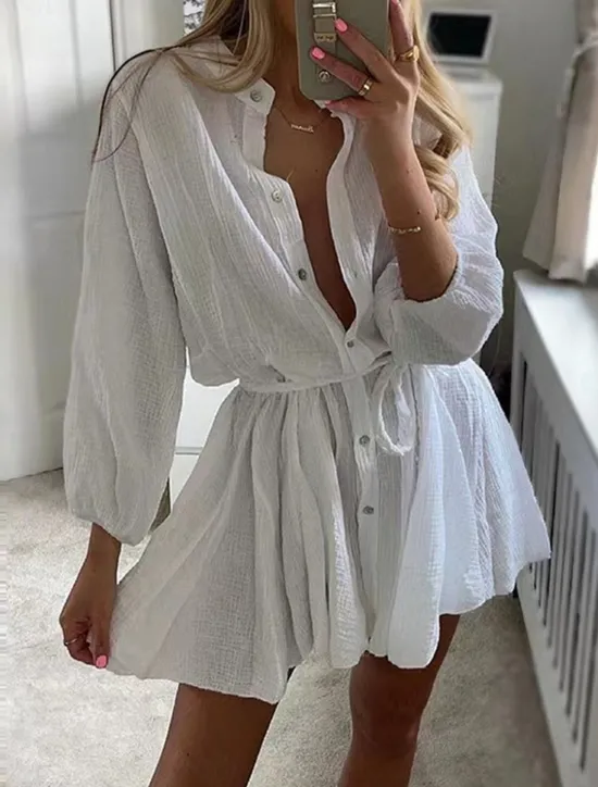 Best Women's Dress Shirt Dress Mini Dress Date Vacation Linen Basic Casual Stand Collar Button Long Sleeve Summer Spring Regular Fit Plain Women White Dresses