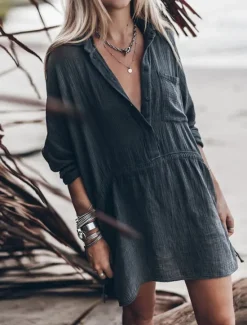 Discount Women's White Dress Shirt Dress Mini Dress Date Vacation Basic Modern Shirt Collar Button Pocket Long Sleeve Summer Spring Loose Fit Plain Women White Dresses