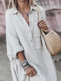 Discount Women's White Dress Shirt Dress Mini Dress Date Vacation Basic Modern Shirt Collar Button Pocket Long Sleeve Summer Spring Loose Fit Plain Women White Dresses