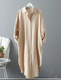 Hot Women's White Dress Shirt Dress Cotton Linen Dress Midi Dress Office Vacation Linen Basic Casual Shirt Collar Button Long Sleeve Summer Spring Loose Fit Plain Women Dresses|White Dresses