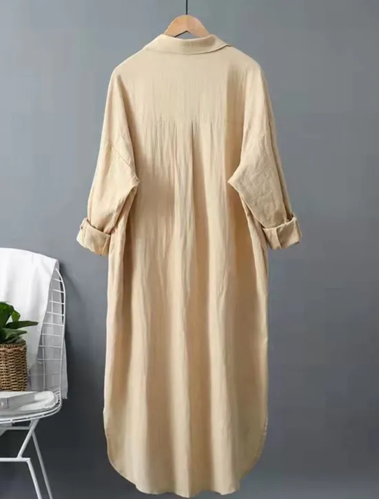 Hot Women's White Dress Shirt Dress Cotton Linen Dress Midi Dress Office Vacation Linen Basic Casual Shirt Collar Button Long Sleeve Summer Spring Loose Fit Plain Women Dresses|White Dresses