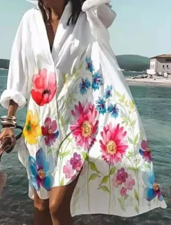 Clearance Women's White Dress Shirt Dress Midi Dress Date Vacation Beach Casual Shirt Collar Button Print Long Sleeve Summer Spring Loose Fit Floral Women White Dresses