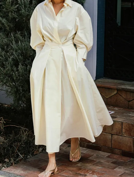 Women's White Dress Shirt Dress Cotton Linen Dress Maxi long Dress Date Vacation Polyester Basic Shirt Collar Button Pocket Long Sleeve Summer Spring Regular Fit Plain Women White Dresses