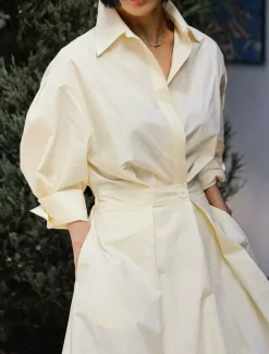 Women's White Dress Shirt Dress Cotton Linen Dress Maxi long Dress Date Vacation Polyester Basic Shirt Collar Button Pocket Long Sleeve Summer Spring Regular Fit Plain Women White Dresses
