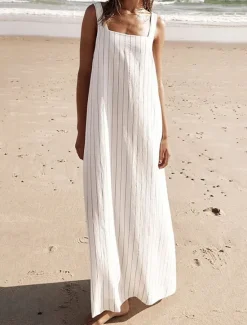 Women's Dress Sundress Stripe Backless Strap Maxi Dress Casual Daily Vacation Short Sleeve Summer Women White Dresses