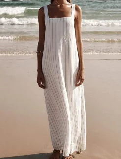 Women's Dress Sundress Stripe Backless Strap Maxi Dress Casual Daily Vacation Short Sleeve Summer Women White Dresses