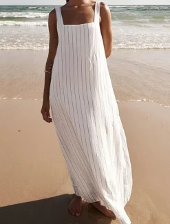 Women's Dress Sundress Stripe Backless Strap Maxi Dress Casual Daily Vacation Short Sleeve Summer Women White Dresses