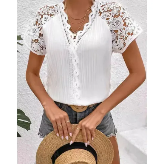 Best Women's Elegant Lace Tops Eyelet Blouse Daily Stylish Plain Regular Tops Short Sleeve V Neck Lace Regular Fit Vacation Daily Romantic Petite Tops Summer Holiday Wear Summer Spring Fall Women Lace Tops