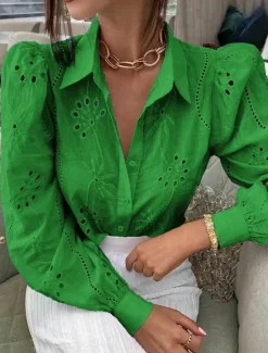 Outlet Women's White Elegant Lace Tops Eyelet Blouse Casual Solid Color Lace Lantern Sleeve Long Sleeve Regular Tops Shirt Collar Daily Romantic Petite Tops Summer Holiday Wear White Pink Green Spring Fall Women Lace Tops