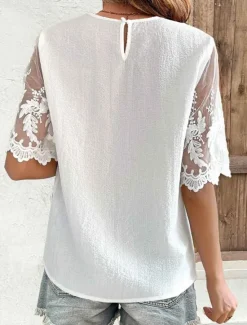 Outlet Women's Elegant Lace Tops Eyelet Blouse Daily Regular Tops Short Sleeve Crew Neck Lace Regular Fit Daily Going out Romantic Petite Tops Summer Holiday Wear Summer Women Lace Tops