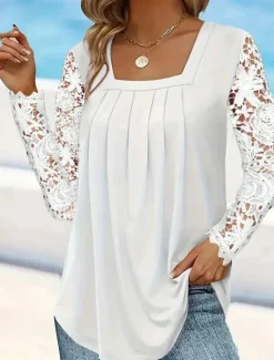 Hot Women's White Elegant Lace Tops Eyelet Blouse Casual Solid Color Lace Long Sleeve Regular Tops Square Neck Daily Romantic Petite Tops Summer Holiday Wear White Pink Blue Spring Fall Women Lace Tops