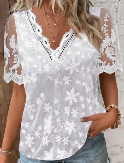 Hot Women's Elegant Lace Tops Eyelet Blouse Casual Solid Color Regular Tops Short Sleeve V Neck Lace Patchwork Regular Fit Daily Romantic Petite Tops Summer Holiday Wear Women Lace Tops