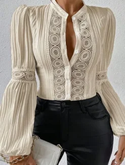 Women's White Elegant Lace Tops Eyelet Blouse Casual Solid Color Regular Tops Long Sleeve High Neck Lace Patchwork Buttons Regular Fit Daily White Beige Romantic Petite Tops Summer Holiday Wear Women Lace Tops