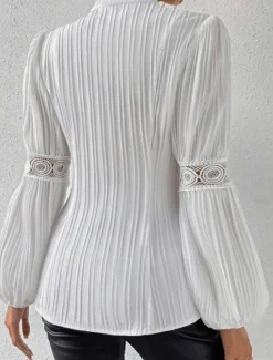 Women's White Elegant Lace Tops Eyelet Blouse Casual Solid Color Regular Tops Long Sleeve High Neck Lace Patchwork Buttons Regular Fit Daily White Beige Romantic Petite Tops Summer Holiday Wear Women Lace Tops