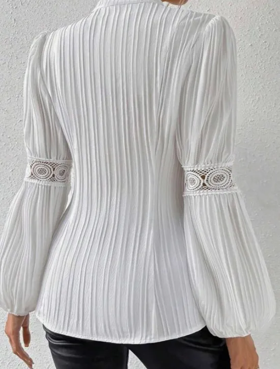 Women's White Elegant Lace Tops Eyelet Blouse Casual Solid Color Regular Tops Long Sleeve High Neck Lace Patchwork Buttons Regular Fit Daily White Beige Romantic Petite Tops Summer Holiday Wear Women Lace Tops