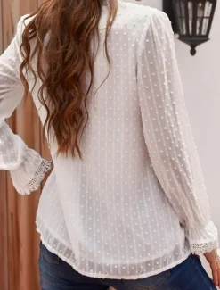 Clearance Women's White Elegant Lace Tops Eyelet Blouse Stylish Modern Lace Long Sleeve V Neck Daily Romantic Petite Tops Summer Holiday Wear Black White Pink Spring Fall Women Lace Tops
