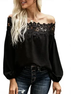 Women's White Elegant Lace Tops Eyelet Sexy Blouse Casual Solid Color Regular Tops Long Sleeve Off Shoulder Lace Backless Patchwork Regular Fit Daily Romantic Petite Tops Summer Holiday Wear Black Women Lace Tops