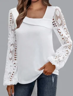 Discount Women's White Elegant Lace Tops Eyelet Blouse Casual Solid Color Regular Tops Long Sleeve Asymmetrical Lace Patchwork Regular Fit Daily Black White Pink Romantic Petite Tops Summer Holiday Wear Women Lace Tops